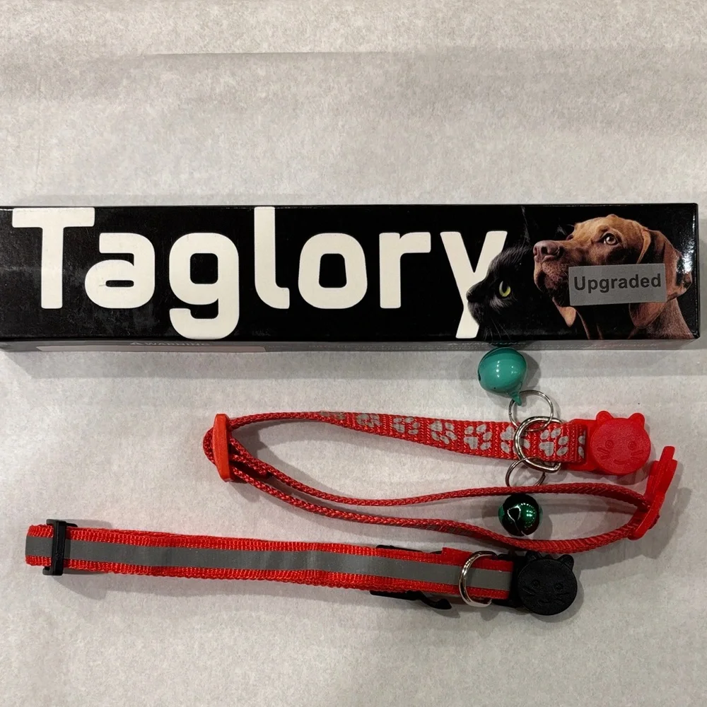 Set of 2 Taglory Red Reflective Cat Pet Collars W/ Bells 7.5-12.5” NWT free w$25